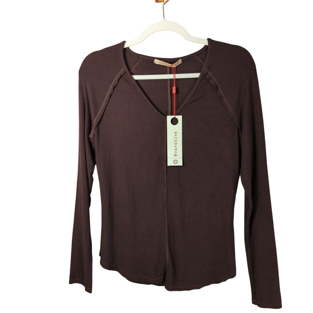Wearables XCVI Top Womens XS Brown Rib Knit Long Sleeve Shirt Lightweight New